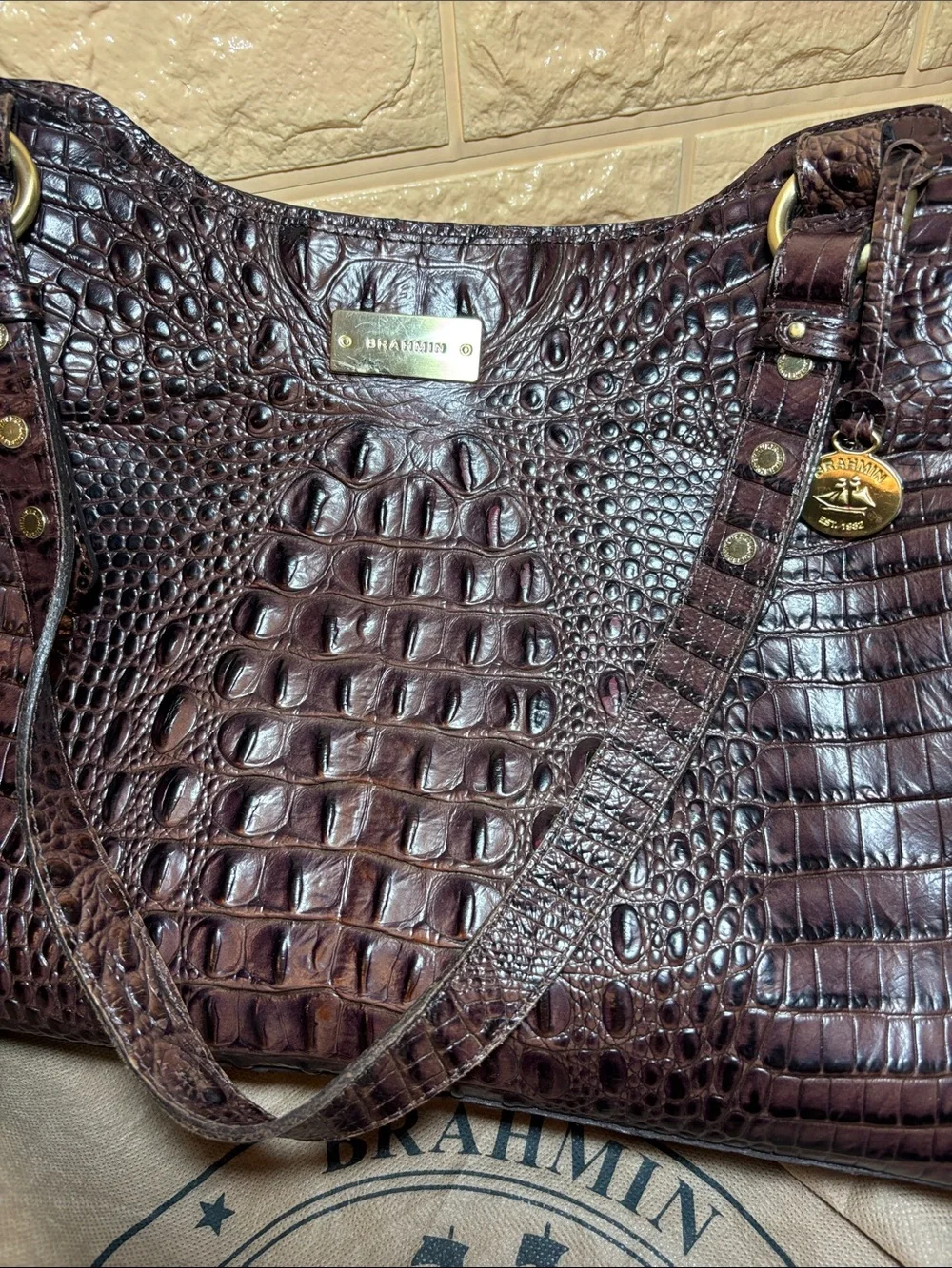 Brahmin Croc-Embossed Leather Shoulder Bag in Dark Brown w Burgundy Tones